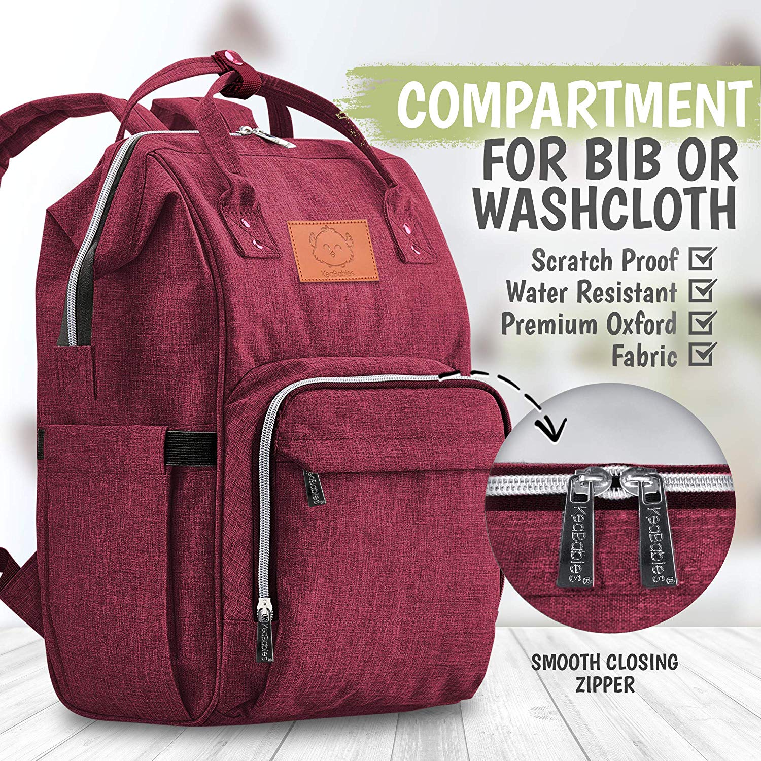 KeaBabies Original Diaper Bag Backpack (Wine Red) - Image 4