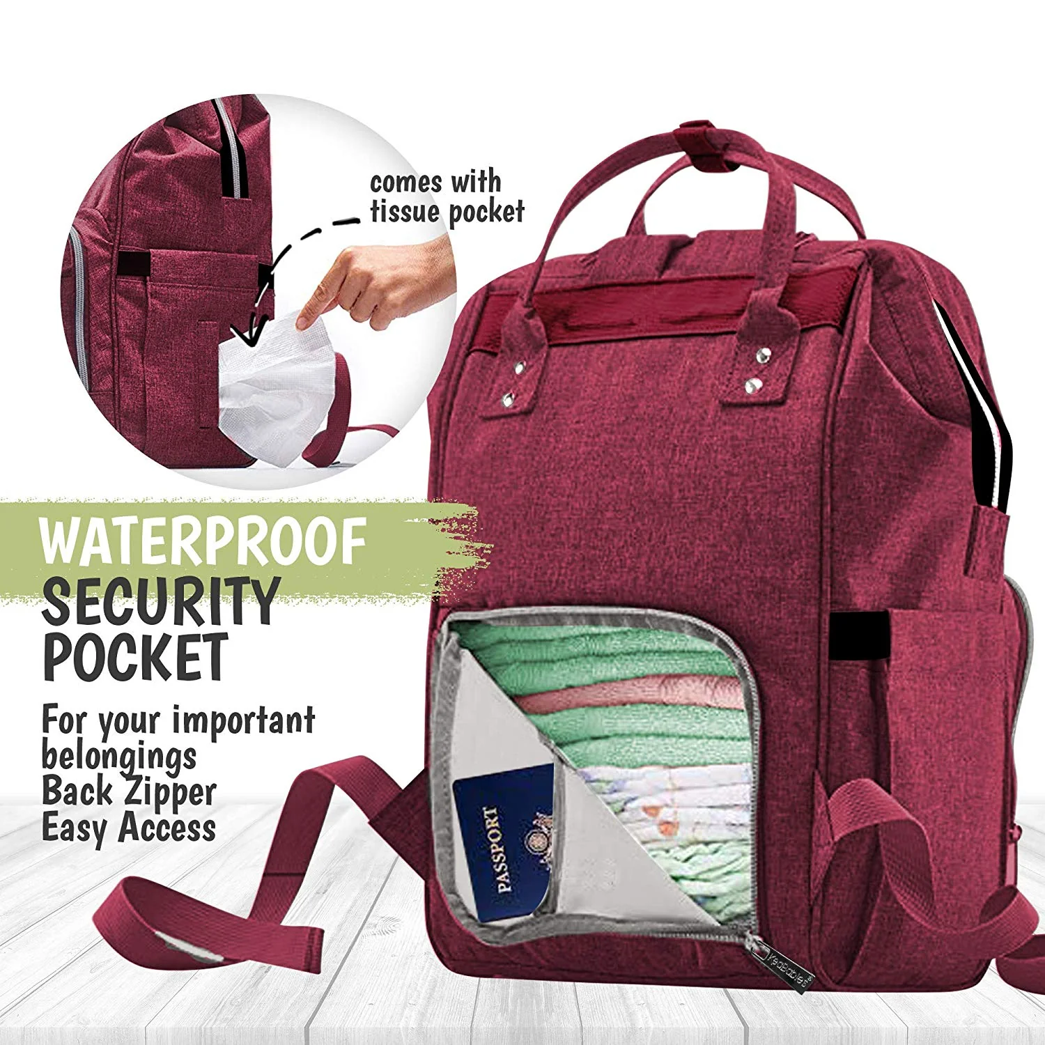 KeaBabies Original Diaper Bag Backpack (Wine Red) - Image 6