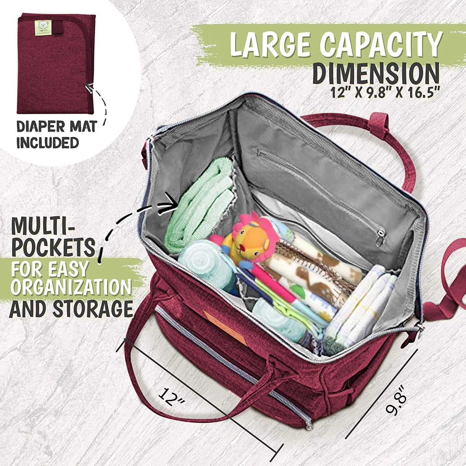 KeaBabies Original Diaper Bag Backpack (Wine Red) - Image 9